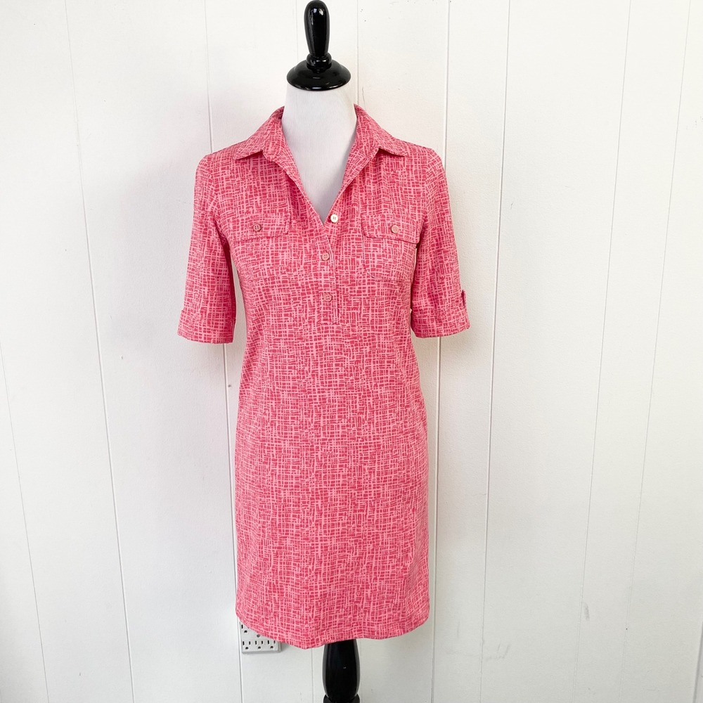 J.McLaughlin Pink Geometric Grid Print Shift Dress Short Sleeve XS